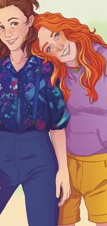 Colorful illustration of two friends in vibrant attire.