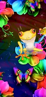 Vibrant frog with colorful flowers and butterflies on phone wallpaper.