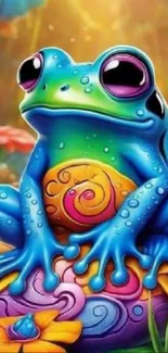 Cartoon frog with vibrant colors sitting in a fantastical setting.