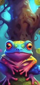 Whimsical cartoon frog in a vibrant, magical forest.