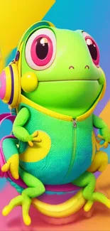 Cute cartoon frog with headphones on a colorful background.