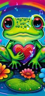 Colorful frog with heart and musical notes mobile wallpaper.