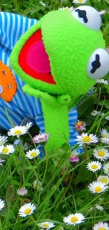 Green frog puppet amongst daisies in a vibrant field.