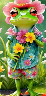 Playful frog in floral attire mobile wallpaper.