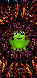 Colorful kaleidoscope wallpaper with a cartoon frog in the center.