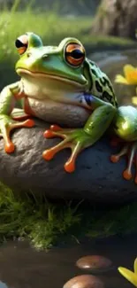 A colorful frog on a rock with vibrant surroundings.