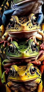 A vibrant stack of colorful frogs against a dark background for mobile wallpaper.