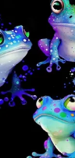 Vibrant blue and purple frogs on black background for phone wallpaper.