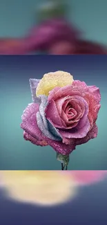 Mobile wallpaper of a vibrant frosted rose on teal background.