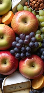 A vibrant wallpaper showcasing fresh fruits and cheese platter.