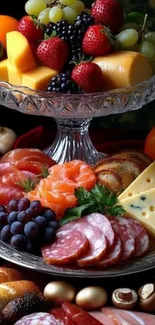 A vibrant fruit and cheese platter on a mobile wallpaper.