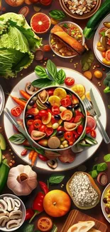 Colorful arrangement of fresh fruits and vegetables on a table.