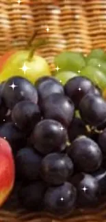 Vibrant fruit assortment on wicker background, featuring peaches and grapes.