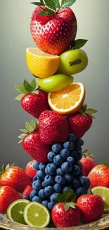 Vibrant stack of colorful fruits displayed artistically on a golden plate.