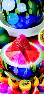 Colorful fruit arrangement with watermelon and tropical fruits.