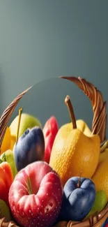 Colorful fruit basket wallpaper with various fruits.