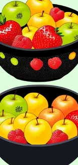 Vibrant fruit bowl wallpaper with apples and strawberries.