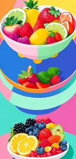 Vibrant mobile wallpaper with colorful fruit bowls on a pink background.