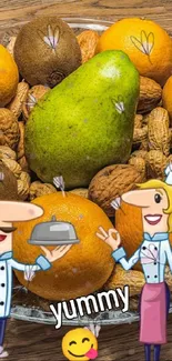 Fruit and cartoon chefs on wooden table.