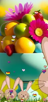 Colorful bowl of fruits with cartoon bunnies in a spring scene.