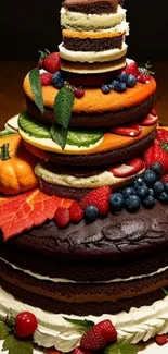 Vibrant tiered cake with fruits and chocolate on table.