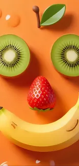 Playful fruit face mobile wallpaper with kiwi, strawberry, and banana on orange.