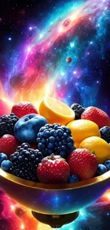 Bowl of colorful fruits in a cosmic galaxy setting wallpaper.