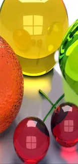 Vibrant glass fruit orbs in red, yellow, and green hues on wallpaper.