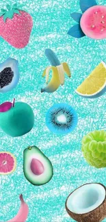 Vibrant fruit illustrations on a light blue textured background.