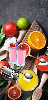 Colorful fruits and juice illustration on a dark gray background.