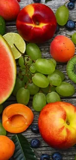 Fresh fruits on wooden background, colorful and vibrant.