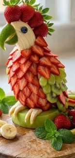 Fruit parrot sculpture with strawberries and bananas.