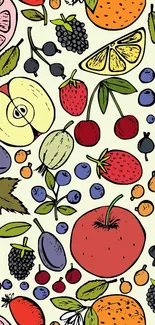 Colorful fruit pattern mobile wallpaper with apples and berries.