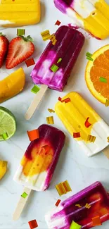 Colorful fruit popsicles with fresh fruit slices in a vibrant scene.