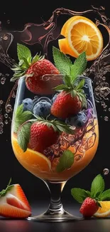 Vibrant fruit splash in a glass with strawberries and oranges on dark background.
