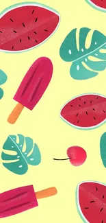 Playful summer wallpaper with fruit and popsicles on a yellow background.