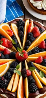 Colorful fruit tart with berries and citrus slices on a wooden table.