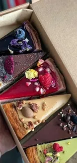 Colorful assortment of gourmet fruit tarts in a box.