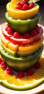 Colorful fruit tower with kiwi, mango, strawberries, and raspberries.