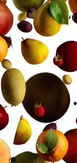 Colorful fruits scattered on a white background, creating a vibrant mobile wallpaper.