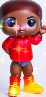 Colorful Funko Pop character in red outfit with expressive pose.