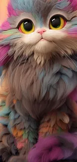 Colorful furry kitten with rainbow fur sitting and looking curious.