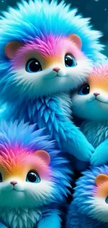 Colorful blue and pink furry creatures in a playful arrangement.