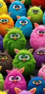 Colorful fluffy creatures with big eyes in vibrant hues.