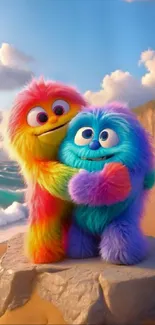 Two colorful furry creatures hugging on a sunny beach.