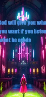 Futuristic church with neon lights and an inspiring quote.