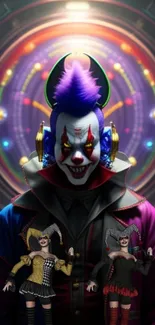 Futuristic clown with vibrant colors and playful dolls, set in a colorful backdrop.