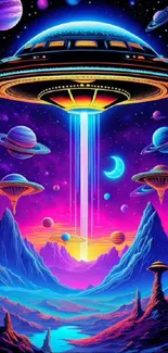 Vibrant futuristic space art with neon planets and UFOs.