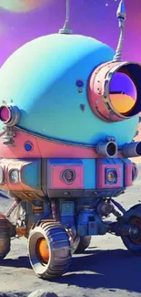Futuristic space rover on alien landscape with vibrant colors.