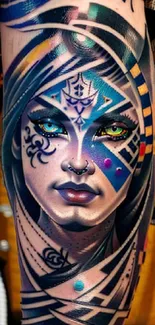 Futuristic tattoo art with vibrant colors on mobile wallpaper.